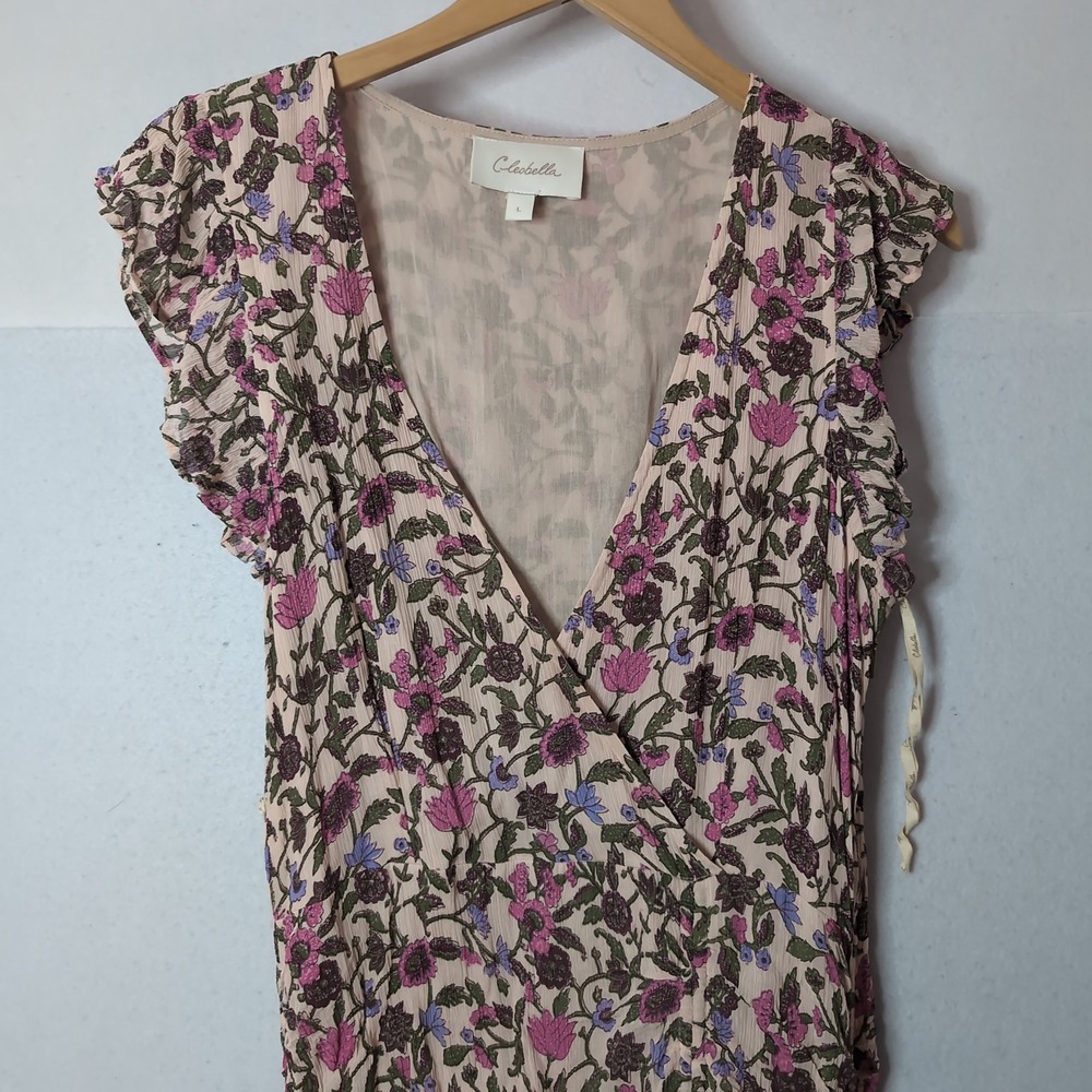 Cleobella Floral Wrap Dress Kaia Pink Flutter Sleeve Tiered Ruffle Boho Large